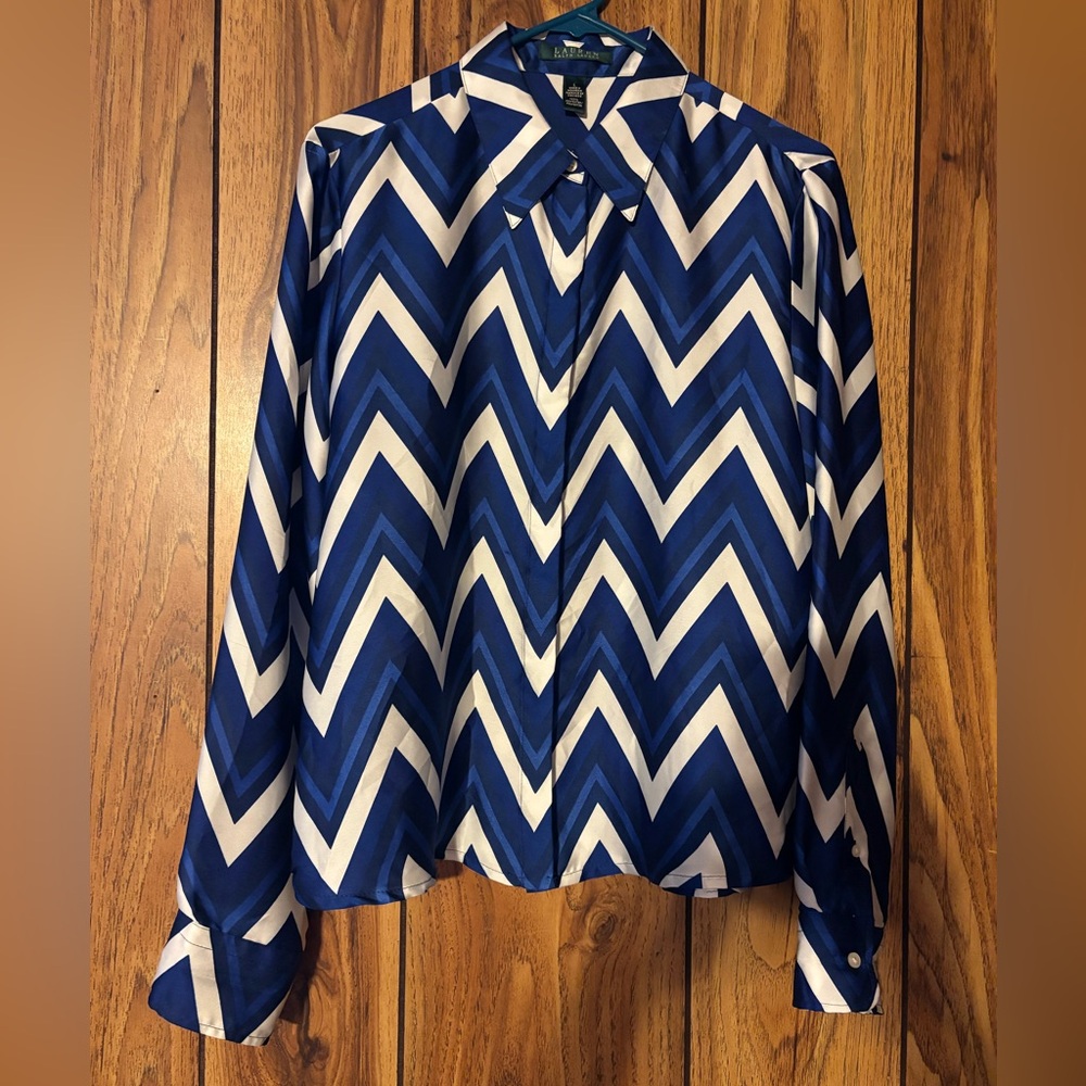 Ralph Lauren Blue and White Chevron Button Down Shirt